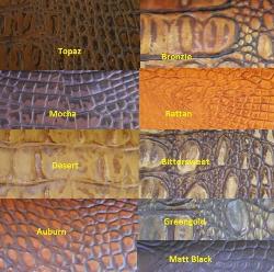 Pattern Crock, Vinyl exotic imitation Crocodile, in designer colors, for home and commercial furniture upholstering, booths and benches, Colors Topaz, Mocha, Desert, Auburn, Bronzie, Rattan, Bittersweet, Greengold, Matt Black