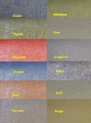 Stain Resistant Linen-like Vinyl Upholstery fabric, Sta-Kleen� Pattern Linen I with clean linen texture, Ocean, Thyme, Rhubarb, Clipper, Rust, Harvest, Meadow, Doe, Graphite, Black, Buff, and Beige