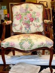 Project Emaline Italian Toile chair, upholstered in extreme high end multipurpose interior decor expansive floral toile fabric