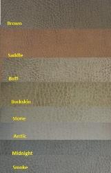  Pattern Teton Faux Leather Vinyl Upholstery Fabric, Colors Brown, Saddle, Buff, Buckskin, Stone, Artic, Midnight and Smoke, for home, commercial and contract furniture upholstering, booths, benches and decorating accent pieces