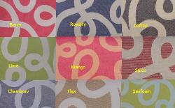 Contemporary Geometric Indoor Outdoor Decorator Fabric, pattern Tie-One-On, perfect for patio furniture and boat cushions, high UV resistant polyester for longer life and better durability, made in the USA, Colors Berry, Royalty, Coffee, Lime, Mango, Spice, Chambray, Flax, Seafoam