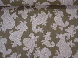 large aubergine and white floral paisley on chocolate brown screen print