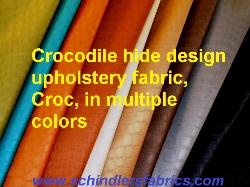 Click for images of Crocodile hide design upholstery fabric, Croc in Colors Black, Pewter, Expresso, Camel, Pearl, Copper,  Tangerine, Teal, Peridot and Snow