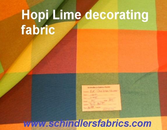 Schindler's Shop tag for Hopi Color Lime woven decorating fabric with bright colored large check design