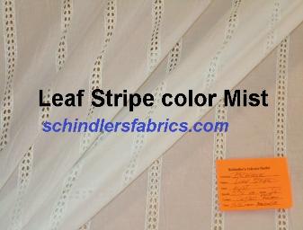 Braemore Leaf Stripe color Mist Eyelet SemiSheer Drapery Fabric, very light aqua vertical stripe with white small embroidered leaf eyelet stripe