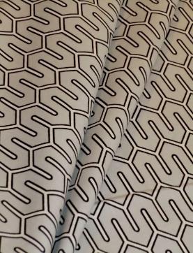 Draped curtain image of DwellStudio Design Geometric Decor Fabric Robert Allen Pattern Maze Work Color Dove, modern Geometric design up the roll