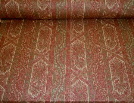 By the yard Ralph Lauren Closeout Fabric Pattern Benson Paisley color Garnet on cutting table