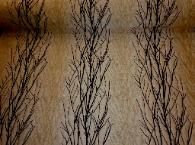 Sherwood Daybreak Upholstery Fabric in Onyx Embroidered Barren Tree Silhouette Pattern in Black and metallic Gold on a tan ground