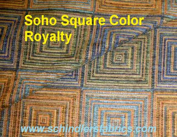 Schindler's Fabrics Shop label for Pattern Soho Square in Color Royalty Upholstery Fabric contemporary geometric chenille accented pattern