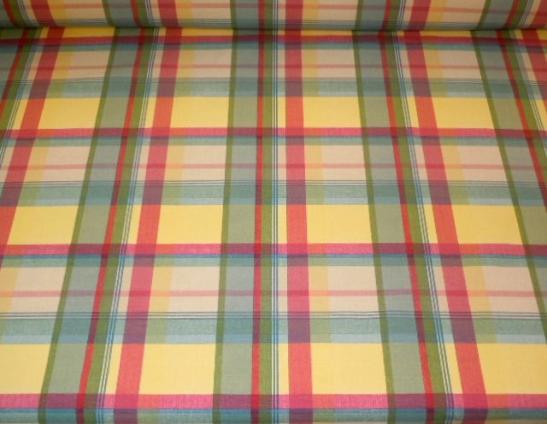 Designer`Plaid Decorator Fabric Pattern Sundown Stripe on cutting table
