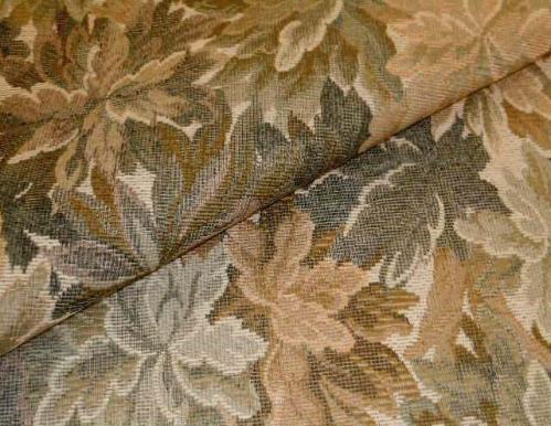 Closeup folded image of Robert Allen tapestry like floral pattern Tenafly Color Sage Upholstery Fabric