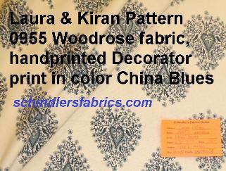 Laura & Kiran Pattern 0955 Woodrose fabric, handprinted Decorator print in color China Blues